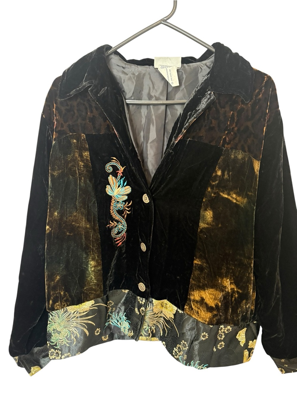 White Stag Velvet Embroidered Patchwork Blazer - Black & Gold Missing one button